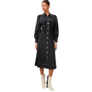 Rails Long Sleeve Ruched Button Up Kimber Midi A-Line Dress NWOT Black XS